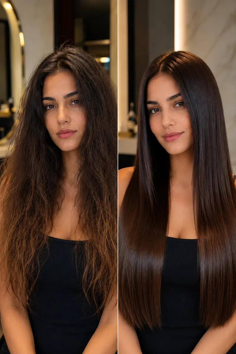 Antes y después de una nutrición con brushing: cabello seco, encrespado y sin brillo a la izquierda, liso, sedoso y con brillo espejo a la derecha