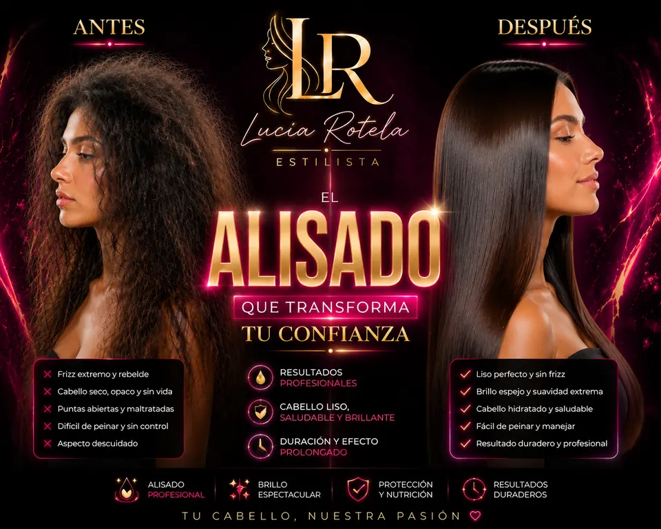 Antes y después de un alisado profesional: cabello con frizz a la izquierda, liso y con brillo a la derecha