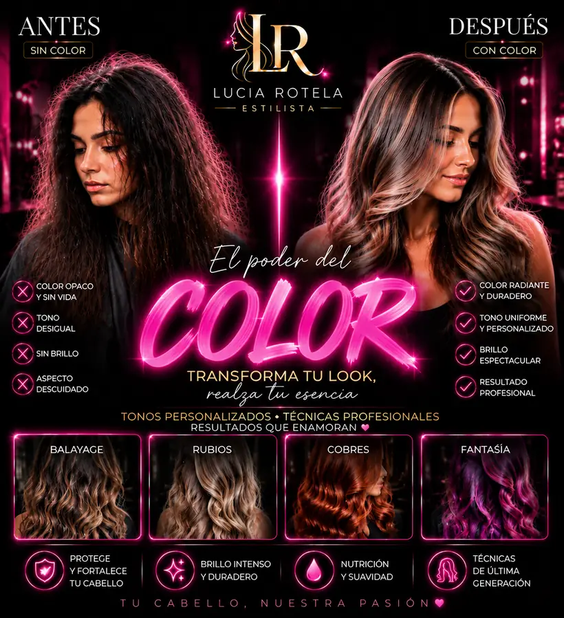 Antes y después de una coloración: cabello opaco y de tono desparejo a la izquierda, con color radiante y brillo a la derecha, más muestras de balayage, rubios, cobres y fantasía