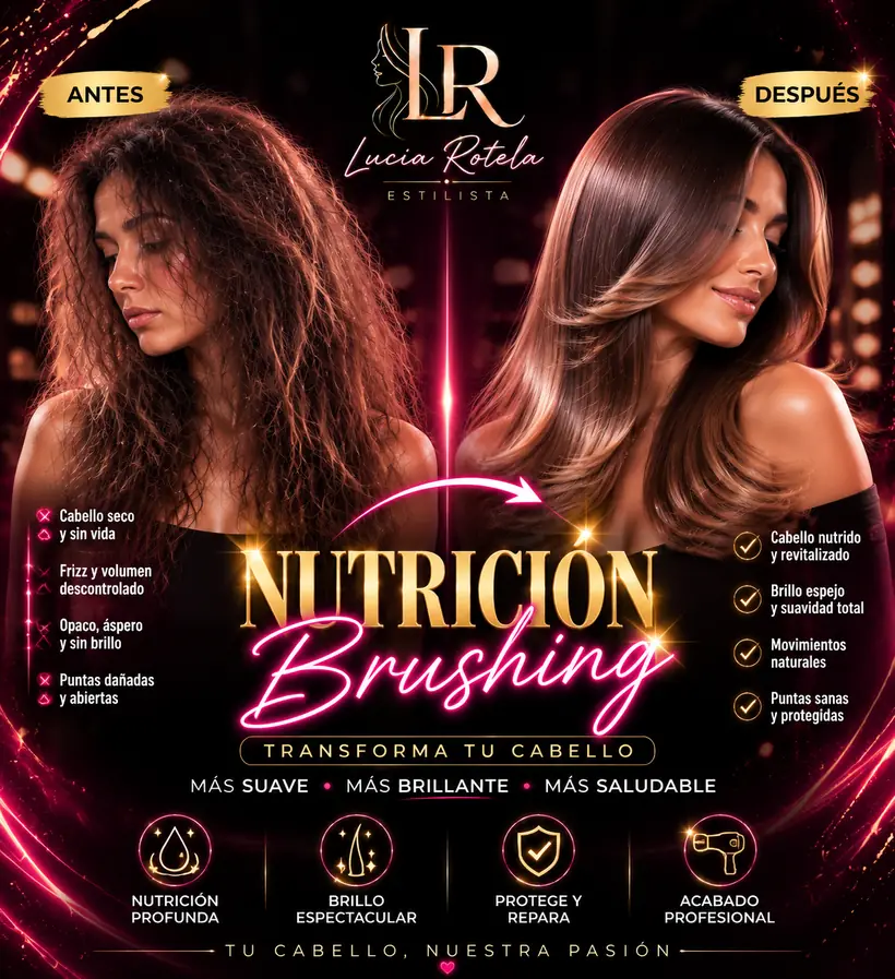 Antes y después de una nutrición con brushing: cabello seco y con frizz a la izquierda, nutrido y con brillo espejo a la derecha