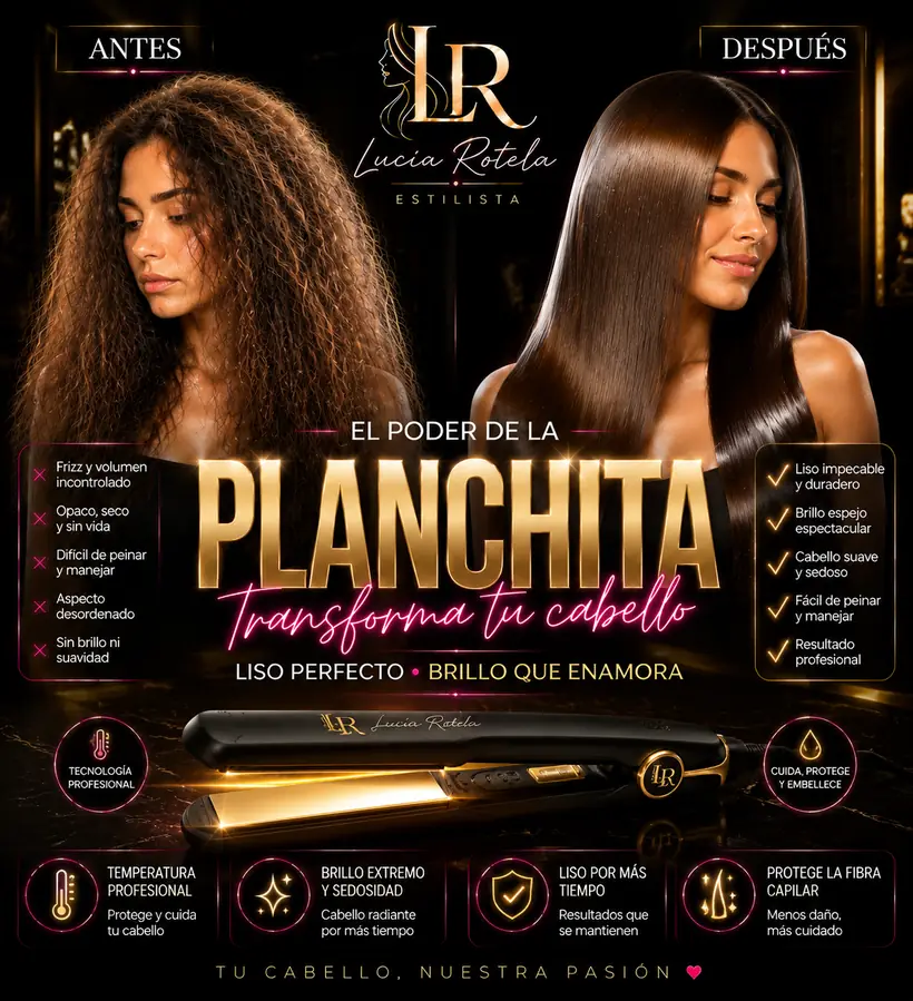 Antes y después de una planchita: cabello con frizz y volumen incontrolado a la izquierda, liso con brillo espejo a la derecha